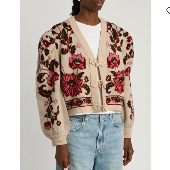 NWT FARM RIO  Ravenala Floral Intarsia Knitted Cardigan Sweater Off White XS - Picture 1 of 8
